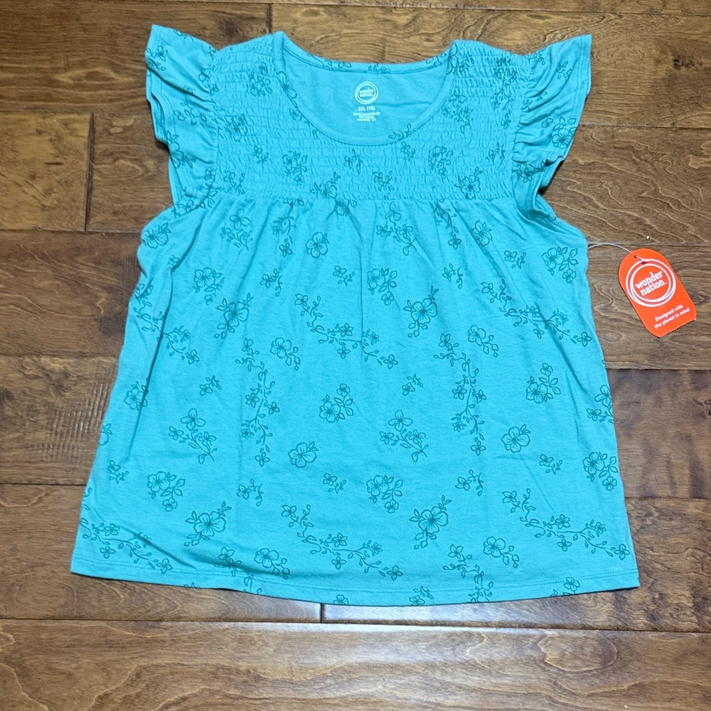 NWT Size XXL (18) Wonder Nation Teal Floral Smocked Flutter-Sleeve Top